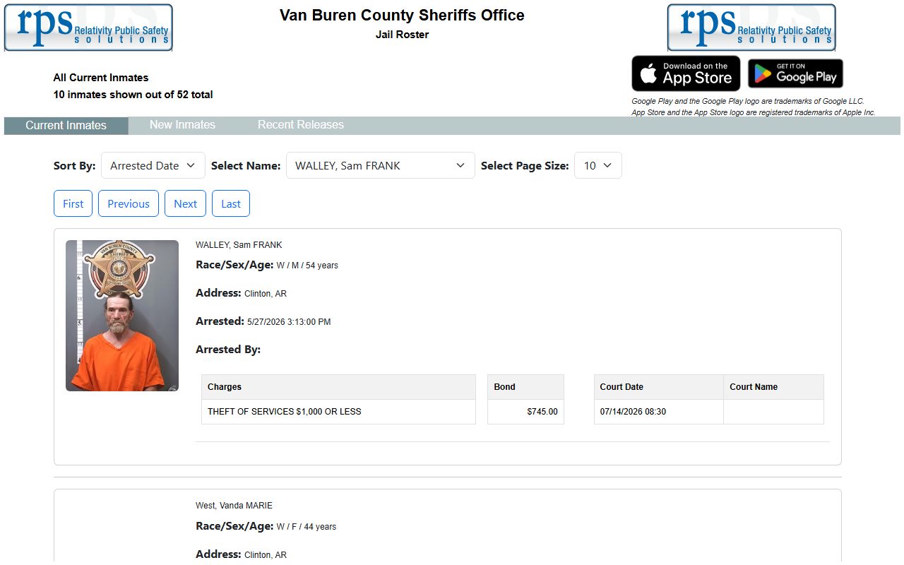 Van Buren County current inmate roster search controls and custody cards